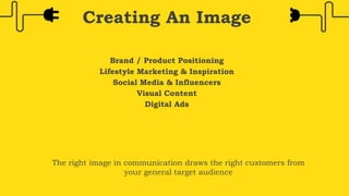 Brand / Product Positioning
Lifestyle Marketing & Inspiration
Social Media & Influencers
Visual Content
Digital Ads
Creating An Image
The right image in communication draws the right customers from
your general target audience
 