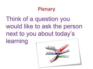 Plenary
Think of a question you
would like to ask the person
next to you about today’s
learning
 