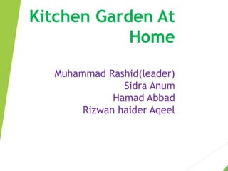 Kitchen Garden At
Home
Muhammad Rashid(leader)
Sidra Anum
Hamad Abbad
Rizwan haider Aqeel
 