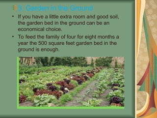 3. Garden in the Ground
• If you have a little extra room and good soil,
the garden bed in the ground can be an
economical choice.
• To feed the family of four for eight months a
year the 500 square feet garden bed in the
ground is enough.
 