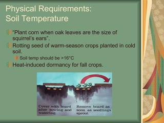 Physical Requirements:
Soil Temperature
“Plant corn when oak leaves are the size of
squirrel’s ears”.
Rotting seed of warm-season crops planted in cold
soil.
Soil temp should be >16°C
Heat-induced dormancy for fall crops.
 