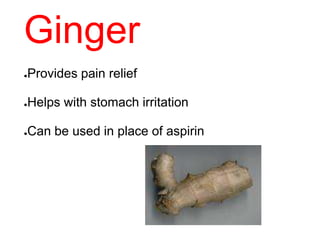 Ginger
●Provides pain relief
●Helps with stomach irritation
●Can be used in place of aspirin
 