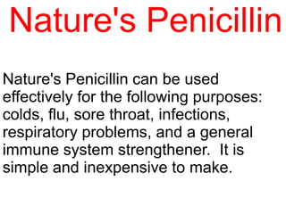 Nature's Penicillin
Nature's Penicillin can be used
effectively for the following purposes:
colds, flu, sore throat, infections,
respiratory problems, and a general
immune system strengthener. It is
simple and inexpensive to make.
 