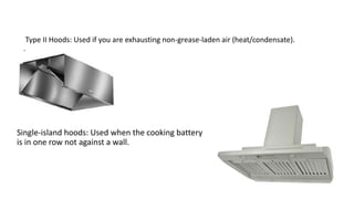 Type II Hoods: Used if you are exhausting non-grease-laden air (heat/condensate).
.
Single-island hoods: Used when the cooking battery
is in one row not against a wall.
 