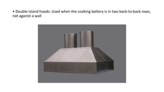 • Double-island hoods: Used when the cooking battery is in two back-to-back rows,
not against a wall
 