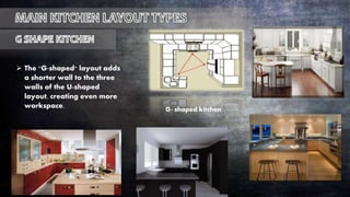  The "G-shaped" layout adds
a shorter wall to the three
walls of the U-shaped
layout, creating even more
workspace. G- shaped kitchen .
 