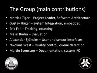 The Group (main contributions) 
• Mattias Tiger – Project Leader, Software Architecture 
• Gustav Häger – System Integration, embedded 
• Erik Fall – Tracking, counting 
• Malin Rudin – Evaluation 
• Alexander Sjöholm – User and sensor interfaces 
• Nikolaus West – Quality control, queue detection 
• Martin Svensson – Documentation, system I/O 
 