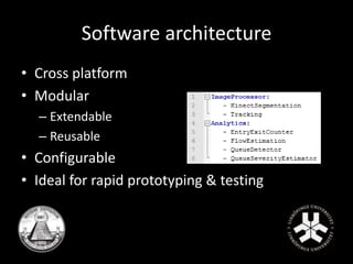 Software architecture 
• Cross platform 
• Modular 
– Extendable 
– Reusable 
• Configurable 
• Ideal for rapid prototyping & testing 
 