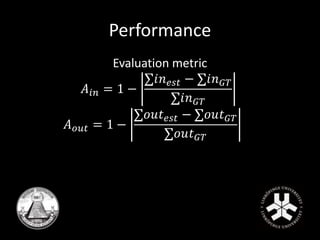 Performance 
Evaluation metric 
퐴푖푛 = 1 − 
Σ푖푛푒푠푡 − Σ푖푛퐺푇 
Σ푖푛퐺푇 
퐴표푢푡 = 1 − 
Σ표푢푡푒푠푡 − Σ표푢푡퐺푇 
Σ표푢푡퐺푇 
 