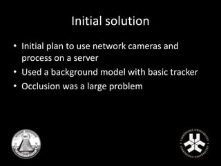 Initial solution 
• Initial plan to use network cameras and 
process on a server 
• Used a background model with basic tracker 
• Occlusion was a large problem 
 