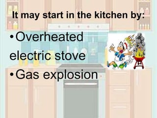 It may start in the kitchen by:
•Overheated
electric stove
•Gas explosion
 