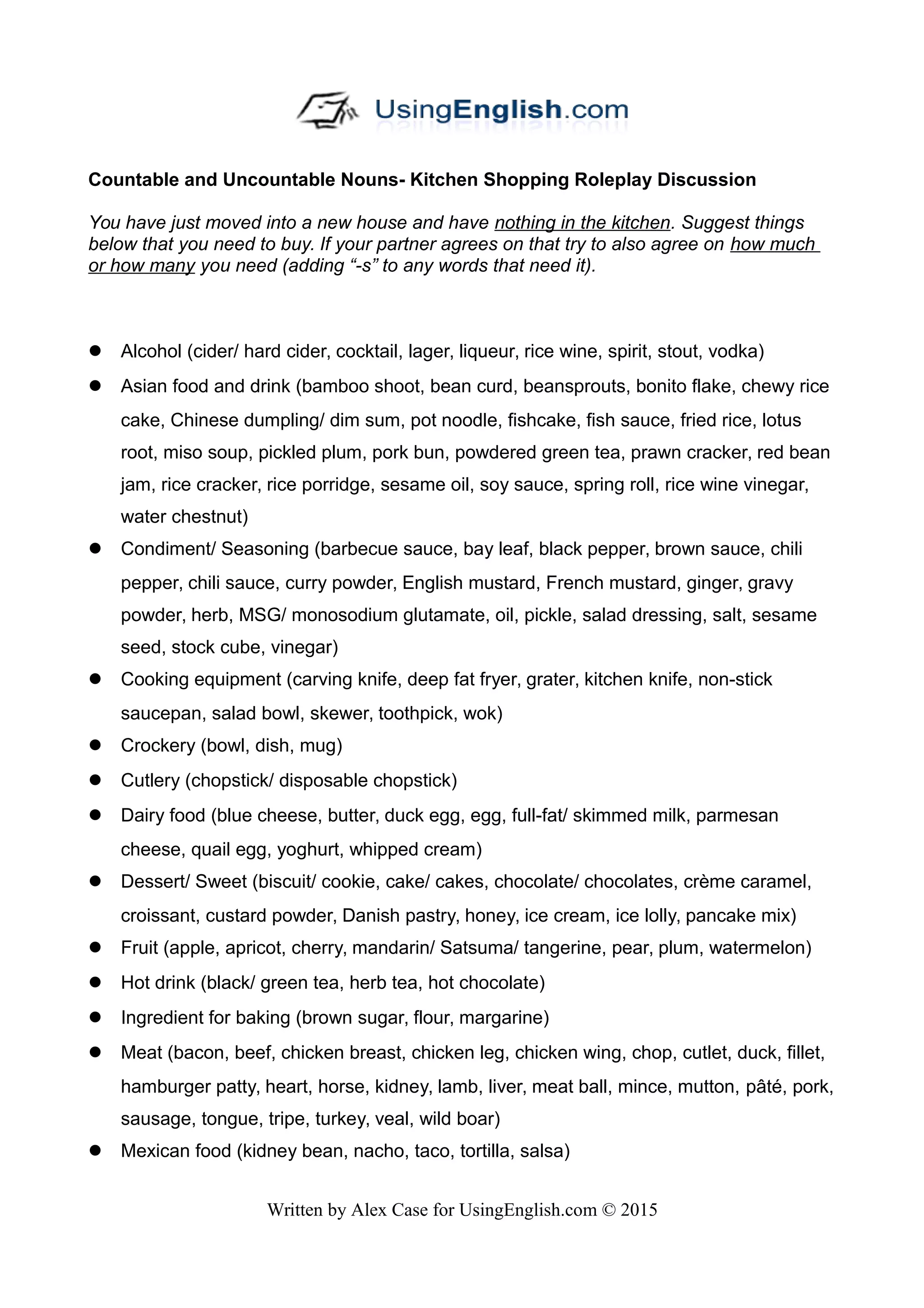 Kitchen Shopping countable anduncountablenouns Roleplaydiscussion PDF