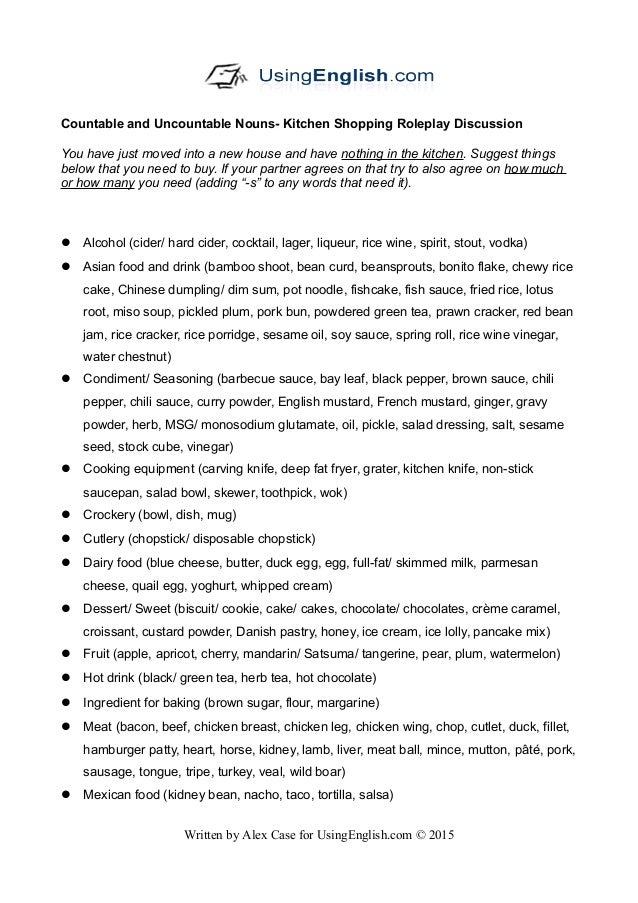Kitchen Shopping countable anduncountablenouns Roleplaydiscussion