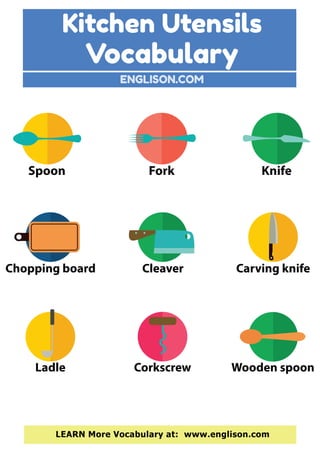 Kitchen Utensils
Vocabulary
ENGLISON.COM
LEARN More Vocabulary at: www.englison.com
Spoon Fork Knife
Chopping board Cleaver Carving knife
CorkscrewLadle Wooden spoon
 