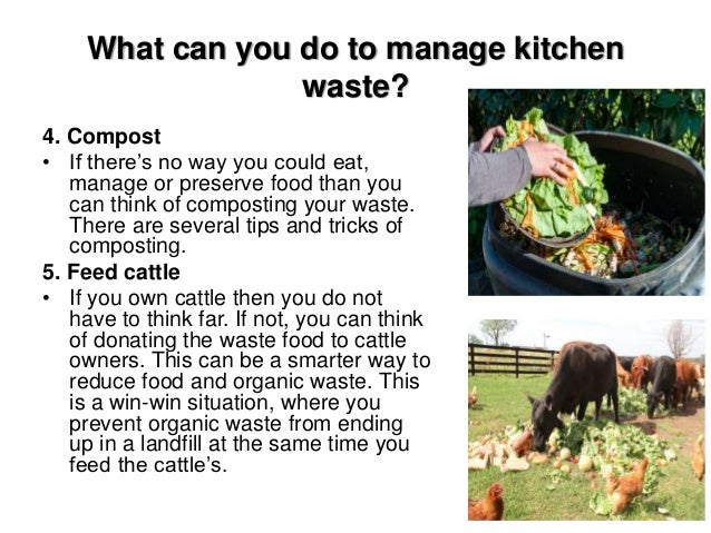 What can you do to manage kitchen
waste?
4. Compost
• If there’s no way you could eat,
manage or preserve food than you
can think of composting your waste.
There are several tips and tricks of
composting.
5. Feed cattle
• If you own cattle then you do not
have to think far. If not, you can think
of donating the waste food to cattle
owners. This can be a smarter way to
reduce food and organic waste. This
is a win-win situation, where you
prevent organic waste from ending
up in a landfill at the same time you
feed the cattle’s.
 