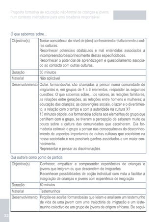 Proposta formativa de educação não-formal de crianças e jovens
     num contexto intercultural para uma cidadania responsável



     O que sabemos sobre…
     Objectivo(s)      Tomar consciência do nível de (des) conhecimento relativamente a out-
                       ras culturas.
                       Reconhecer potenciais obstáculos e mal entendidos associados à
                       incompreensão/desconhecimento destas especificidades.
                       Reconhecer o potencial de aprendizagem e questionamento associa-
                       do ao contacto com outras culturas.
     Duração           30 minutos
     Material          Não aplicável
     Desenvolvimento Os/as formandos/as são chamadas a pensar numa comunidade de
                     imigrantes e, em grupos de 4 a 6 elementos, responder às seguintes
                     questões: O que sabemos sobre….os valores, as relações familiares,
                     as relações entre gerações, as relações entre homens e mulheres; a
                     educação das crianças; as convenções sociais, o lazer e o divertimen-
                     to, a relação com o tempo e com a autoridade na cultura X?
                     15 minutos depois, o/a formando/a solicita aos elementos do grupo que
                     partilhem com o grupo, se tiveram a percepção de saberem muito ou
                     pouco sobre a cultura das comunidades que escolheram. O/a for-
                     mador/a estimula o grupo a pensar nas consequências do desconhec-
                     imento de aspectos importantes de outras culturas que coexistem na
                     nossa sociedade e nos possíveis ganhos associados a um maior con-
                     hecimento.
                     Representar e pensar as discriminações

     O/a outro/a como ponto de partida
     Objectivo(s)      Conhecer, empatizar e compreender experiências de crianças e
                       jovens que imigram ou que descendem de imigrantes
                       Reconhecer possibilidades de acção individual com vista a facilitar a
                       integração de crianças e jovens com experiência de imigração
     Duração           60 minutos
     Material        Testemunhos
     Desenvolvimento Propõe-se aos/às formandos/as que leiam e analisem um testemunho
                     de vida de uma jovem com uma trajectória de imigração e um teste-
                     munho colectivo de um grupo de jovens de origem africana. De segui-

32
 