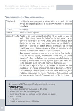 Proposta formativa de educação não-formal de crianças e jovens
     num contexto intercultural para uma cidadania responsável



     Viagem em direcção a um lugar sem discriminações

     Objectivo(s)      Identificar constrangimentos e factores a potenciar no sentido da con-
                       strução de relações igualitárias e não discriminatórias nos contextos
                       educativos
     Duração           60 minutos
     Material          Barco de papel e flipchart
     Desenvolvimento Propõe-se ao grupo a seguinte metáfora: há um barco que viaja no
                     sentido de um lugar livre de discriminações. Há ventos que o fazem
                     regredir e afastar-se do seu rumo. Um/a a um/a, à medida que fazem
                     circular um barco de papel, os/as formandos/as são convidados/as a
                     identificar os factores que podem dificultar a construção de relações
                     igualitárias entre as crianças e jovens de diferentes contextos sociais,
                     culturais, económicos no contexto da sua organização.
                     Num segundo momento, propõe-se ao grupo que se faça circular o
                     barco no sentido oposto, identificando, desta feita, os ventos
                     favoráveis”, isto é, os factores que propiciam o estabelecimento de
                     relações igualitárias entre crianças e jovens que de uma forma “evi-
                     dente” aparecem como diferentes, no âmbito da organização.
                     O/a formador/a regista no flipchart os factores identificados. No final
                     sintetiza-os e promove a reflexão crítica acerca dos mesmos. O/a for-
                     mador/a deve promover o questionamento e apoiar a identificação de
                     mudanças necessárias nos modos habituais de funcionamento para
                     que a organização crie condições para a participação de todos/as.



         No contexto da AGP foram identificados os seguintes factores:
         Ventos favoráveis
         - Capacidade de encontrar igualdades na diferença;
         - O desenvolvimento de tarefas em grupo;
         - Gostar de ser Guia e ser coerente com os valores das Guias;
         - Ter curiosidade;
         - Ser tolerante;
         - Reflectir e pôr em causa as evidências;


38
 