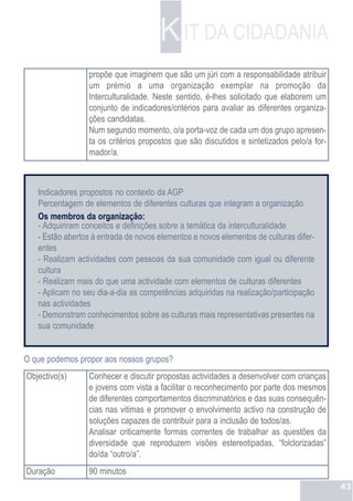 K IT DA CIDADANIA
                 propõe que imaginem que são um júri com a responsabilidade atribuir
                 um prémio a uma organização exemplar na promoção da
                 Interculturalidade. Neste sentido, é-lhes solicitado que elaborem um
                 conjunto de indicadores/critérios para avaliar as diferentes organiza-
                 ções candidatas.
                 Num segundo momento, o/a porta-voz de cada um dos grupo apresen-
                 ta os critérios propostos que são discutidos e sintetizados pelo/a for-
                 mador/a.



   Indicadores propostos no contexto da AGP
   Percentagem de elementos de diferentes culturas que integram a organização
   Os membros da organização:
   - Adquiriram conceitos e definições sobre a temática da interculturalidade
   - Estão abertos à entrada de novos elementos e novos elementos de culturas difer-
   entes
   - Realizam actividades com pessoas da sua comunidade com igual ou diferente
   cultura
   - Realizam mais do que uma actividade com elementos de culturas diferentes
   - Aplicam no seu dia-a-dia as competências adquiridas na realização/participação
   nas actividades
   - Demonstram conhecimentos sobre as culturas mais representativas presentes na
   sua comunidade


O que podemos propor aos nossos grupos?
Objectivo(s)     Conhecer e discutir propostas actividades a desenvolver com crianças
                 e jovens com vista a facilitar o reconhecimento por parte dos mesmos
                 de diferentes comportamentos discriminatórios e das suas consequên-
                 cias nas vitimas e promover o envolvimento activo na construção de
                 soluções capazes de contribuir para a inclusão de todos/as.
                 Analisar criticamente formas correntes de trabalhar as questões da
                 diversidade que reproduzem visões estereotipadas, “folclorizadas”
                 do/da “outro/a”.
Duração          90 minutos
                                                                                           43
 