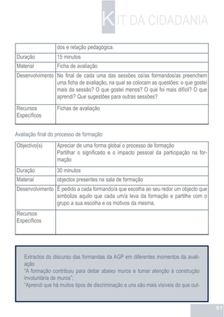 K IT DA CIDADANIA
                   dos e relação pedagógica.
Duração            15 minutos
Material           Ficha de avaliação
Desenvolvimento No final de cada uma das sessões os/as formandos/as preenchem
                uma ficha de avaliação, na qual se colocam as questões: o que gostei
                mais da sessão? O que gostei menos? O que foi mais difícil? O que
                aprendi? Que sugestões para outras sessões?
Recursos           Fichas de avaliação
Específicos


Avaliação final do processo de formação
Objectivo(s)       Apreciar de uma forma global o processo de formação
                   Partilhar o significado e o impacto pessoal da participação na for-
                   mação
Duração            30 minutos
Material           objectos presentes na sala de formação
Desenvolvimento É pedido a cada formando/a que escolha ao seu redor um objecto que
                simbolize aquilo que cada um/a leva da formação e partilhe com o
                grupo a sua escolha e os motivos da mesma.
Recursos
Específicos




    Extractos do discurso das formandas da AGP em diferentes momentos da avali-
    ação
    “A formação contribuiu para deitar abaixo muros e tomar atenção à construção
    involuntária de muros”;
    “Aprendi que há muitos tipos de discriminação e uns são mais visíveis do que out-


                                                                                         51
 