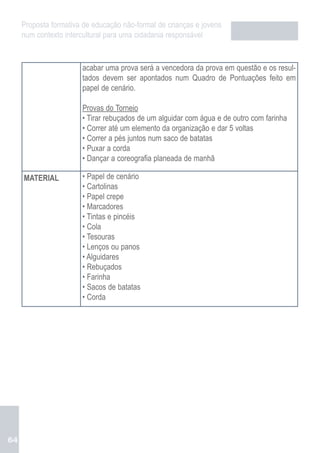 Proposta formativa de educação não-formal de crianças e jovens
     num contexto intercultural para uma cidadania responsável


                       acabar uma prova será a vencedora da prova em questão e os resul-
                       tados devem ser apontados num Quadro de Pontuações feito em
                       papel de cenário.

                       Provas do Torneio
                       • Tirar rebuçados de um alguidar com água e de outro com farinha
                       • Correr até um elemento da organização e dar 5 voltas
                       • Correr a pés juntos num saco de batatas
                       • Puxar a corda
                       • Dançar a coreografia planeada de manhã

     MATERIAL          • Papel de cenário
                       • Cartolinas
                       • Papel crepe
                       • Marcadores
                       • Tintas e pincéis
                       • Cola
                       • Tesouras
                       • Lenços ou panos
                       • Alguidares
                       • Rebuçados
                       • Farinha
                       • Sacos de batatas
                       • Corda




64
 