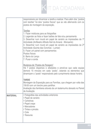 K IT DA CIDADANIA
           responsáveis por dinamizar a tarefa a realizar. Para além dos “postos
           com tarefas” há dois “postos físicos” que se vão alternando com os
           postos de montagem da exposição.

           Tarefas
           1. Fazer molduras para as fotografias
           2. Legendar as fotos e fazer balões de fala e/ou pensamento
           3. Desenhar num mural em papel de cenário as impressões da 1ª
           Actividade (Anfiteatro Alfredo Keil do Amaral - Monsanto)
           4. Desenhar num mural em papel de cenário as impressões da 2ª
           Actividade (Quinta das Conchas - Lumiar)
           5. Fazer um painel com pensamentos
           Postos físicos
           6. Barra do Lenço
           7. Puxar a corda

           Mudança de “Postos de Paragem”
           Há 7 postos dispersos e afastados e prevê-se que cada equipa
           demore 15 minutos em cada “posto”, estando os elementos que
           dinamizam o “posto” responsáveis pelo cumprimento desse horário.

           TARDE
           Montagem da Exposição para as Famílias, que chegam por volta das
           15h30 com um lanche para partilhar.
           Avaliação dos familiares através de um testemunho deixado no Painel
           de Avaliação.
MATERIAL   • Fotografias das actividades anteriores
           • Papel de cenário
           • Cartolinas
           • Papel crepe
           • Marcadores
           • Tintas e pincéis
           • Cola
           • Tesouras



                                                                                   69
 