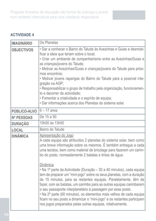 Proposta formativa de educação não-formal de crianças e jovens
     num contexto intercultural para uma cidadania responsável



     ACTIVIDADE 4

     IMAGINÁRIO        Os Planetas
     OBJECTIVOS        • Dar a conhecer o Bairro do Talude às Avezinhas e Guias e desmisti-
                       ficar a ideia que teriam sobre o local;
                       • Criar um ambiente de companheirismo entre as Avezinhas/Guias e
                       as crianças/jovens do Talude;
                       • Motivar as Avezinhas/Guias e crianças/jovens do Talude para próxi-
                       mos encontros;
                       • Motivar jovens raparigas do Bairro do Talude para a possível inte-
                       gração na AGP;
                       • Responsabilizar o grupo de trabalho pela organização, funcionamen-
                       to e decorrer da actividade;
                       • Fomentar a criatividade e o espírito de equipa;
                       • Dar informações acerca dos Planetas do sistema solar.
     PÚBLICO-ALVO 6 – 17 anos
     Nº PESSOAS   De 15 a 50
     DURAÇÃO           10h00 às 13h00
     LOCAL             Bairro do Talude
     DINÂMICA          Apresentação do Jogo
                       A cada equipa são atribuídos 2 planetas do sistema solar, bem como
                       uma breve informação sobre os mesmos. É também entregue a cada
                       uma tecidos, bem como material de bricolage para fazerem um carim-
                       bo do posto, nomeadamente 2 batatas e tintas de água.

                       Dinâmica
                       • Na 1ª parte da Actividade (Duração – 30 a 40 minutos), cada equipa
                       tem de preparar um “mini-jogo” sobre os seus planetas, com a duração
                       de 15 minutos, para as restantes equipas. Paralelamente, têm de
                       fazer, com as batatas, um carimbo para as outras equipas carimbarem
                       o seu passaporte interplanetário à passagem por esse posto.
                       • Na 2ª parte (60 minutos), os elementos mais velhos de cada equipa
                       ficam no seu posto a dinamizar o “mini-jogo” e os restantes participam
                       nos jogos preparados pelas outras equipas, rotativamente.

70
 