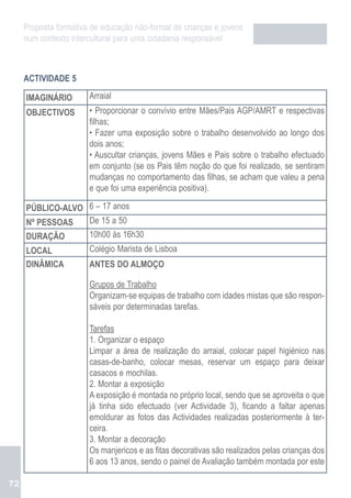 Proposta formativa de educação não-formal de crianças e jovens
     num contexto intercultural para uma cidadania responsável



     ACTIVIDADE 5

     IMAGINÁRIO        Arraial
     OBJECTIVOS        • Proporcionar o convívio entre Mães/Pais AGP/AMRT e respectivas
                       filhas;
                       • Fazer uma exposição sobre o trabalho desenvolvido ao longo dos
                       dois anos;
                       • Auscultar crianças, jovens Mães e Pais sobre o trabalho efectuado
                       em conjunto (se os Pais têm noção do que foi realizado, se sentiram
                       mudanças no comportamento das filhas, se acham que valeu a pena
                       e que foi uma experiência positiva).

     PÚBLICO-ALVO 6 – 17 anos
     Nº PESSOAS   De 15 a 50
     DURAÇÃO           10h00 às 16h30
     LOCAL             Colégio Marista de Lisboa
     DINÂMICA          ANTES DO ALMOÇO

                       Grupos de Trabalho
                       Organizam-se equipas de trabalho com idades mistas que são respon-
                       sáveis por determinadas tarefas.

                       Tarefas
                       1. Organizar o espaço
                       Limpar a área de realização do arraial, colocar papel higiénico nas
                       casas-de-banho, colocar mesas, reservar um espaço para deixar
                       casacos e mochilas.
                       2. Montar a exposição
                       A exposição é montada no próprio local, sendo que se aproveita o que
                       já tinha sido efectuado (ver Actividade 3), ficando a faltar apenas
                       emoldurar as fotos das Actividades realizadas posteriormente à ter-
                       ceira.
                       3. Montar a decoração
                       Os manjericos e as fitas decorativas são realizados pelas crianças dos
                       6 aos 13 anos, sendo o painel de Avaliação também montada por este

72
 