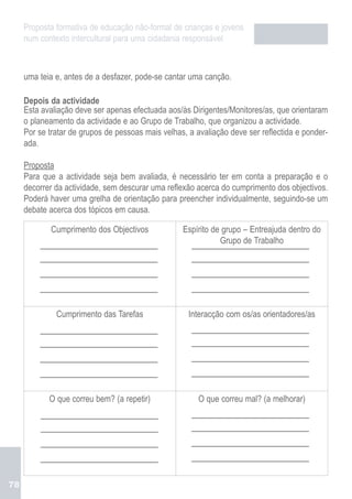 Proposta formativa de educação não-formal de crianças e jovens
     num contexto intercultural para uma cidadania responsável



     uma teia e, antes de a desfazer, pode-se cantar uma canção.

     Depois da actividade
     Esta avaliação deve ser apenas efectuada aos/às Dirigentes/Monitores/as, que orientaram
     o planeamento da actividade e ao Grupo de Trabalho, que organizou a actividade.
     Por se tratar de grupos de pessoas mais velhas, a avaliação deve ser reflectida e ponder-
     ada.

     Proposta
     Para que a actividade seja bem avaliada, é necessário ter em conta a preparação e o
     decorrer da actividade, sem descurar uma reflexão acerca do cumprimento dos objectivos.
     Poderá haver uma grelha de orientação para preencher individualmente, seguindo-se um
     debate acerca dos tópicos em causa.

            Cumprimento dos Objectivos             Espírito de grupo – Entreajuda dentro do
                                                              Grupo de Trabalho




              Cumprimento das Tarefas                Interacção com os/as orientadores/as




            O que correu bem? (a repetir)               O que correu mal? (a melhorar)




78
 