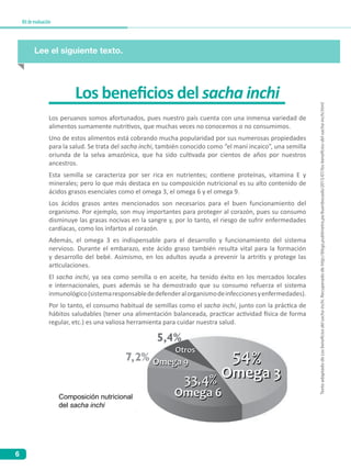 6
Kitdeevaluación
Lee el siguiente texto.
Los beneficios del sacha inchi
Composición nutricional
del sacha inchi
Los peruanos somos afortunados, pues nuestro país cuenta con una inmensa variedad de
alimentos sumamente nutritivos, que muchas veces no conocemos o no consumimos.
Uno de estos alimentos está cobrando mucha popularidad por sus numerosas propiedades
para la salud. Se trata del sacha inchi, también conocido como “el maní incaico”, una semilla
oriunda de la selva amazónica, que ha sido cultivada por cientos de años por nuestros
ancestros.
Esta semilla se caracteriza por ser rica en nutrientes; contiene proteínas, vitamina E y
minerales; pero lo que más destaca en su composición nutricional es su alto contenido de
ácidos grasos esenciales como el omega 3, el omega 6 y el omega 9.
Los ácidos grasos antes mencionados son necesarios para el buen funcionamiento del
organismo. Por ejemplo, son muy importantes para proteger al corazón, pues su consumo
disminuye las grasas nocivas en la sangre y, por lo tanto, el riesgo de sufrir enfermedades
cardíacas, como los infartos al corazón.
Además, el omega 3 es indispensable para el desarrollo y funcionamiento del sistema
nervioso. Durante el embarazo, este ácido graso también resulta vital para la formación
y desarrollo del bebé. Asimismo, en los adultos ayuda a prevenir la artritis y protege las
articulaciones.
El sacha inchi, ya sea como semilla o en aceite, ha tenido éxito en los mercados locales
e internacionales, pues además se ha demostrado que su consumo refuerza el sistema
inmunológico(sistemaresponsablededefenderalorganismodeinfeccionesyenfermedades).
Por lo tanto, el consumo habitual de semillas como el sacha inchi, junto con la práctica de
hábitos saludables (tener una alimentación balanceada, practicar actividad física de forma
regular, etc.) es una valiosa herramienta para cuidar nuestra salud. TextoadaptadodeLosbeneficiosdelsachainchi.Recuperadodehttp://blogs.publimetro.pe/buenbocado/2015/07/los-beneficios-del-sacha-inchi.html
 