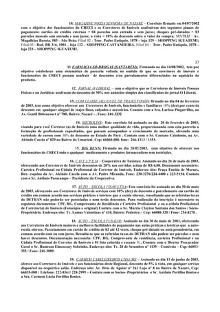 10. MAGAZINE NOSSA SENHORA DE NAZARÉ – Convênio firmado em 04/07/2002
com o objetivo dos funcionários do CRECI e os Corretores de Imóveis usufruírem dos seguintes planos de
pagamento: cartões de crédito externos = 04 parcelas sem entrada e sem juros; cheques pré-datados = 03
parcelas mensais sem entrada e sem juros; a vista = 10% de desconto sobre o valor da compra. MATRIZ : Av.
Magalhães Barata, 583 – São Brás; Filial 02 : Trav. Padre Eutíquio, 1078 – loja 129 – SHOPPING IGUATEMI;
Filial 03 : Rod. BR 316, 1001 – loja 132 – SHOPPING CASTANHEIRA. Filial 04 : Trav. Padre Eutíquio, 1078 –
loja 223 – SHOPPING IGUATEMI.
37
11 FARMÁCIA SÓ-DROGAS (SANTARÉM): Firmando no dia 14/08/2002, tem por
objetivo estabelecer uma sistemática de parceria voltada no sentido de que os corretores de imóveis e
funcionários do CRECI possam usufruir de descontos e/ou parcelamentos diferenciados na aquisição de
produtos.
12. JORNAL O LIBERAL – com o objetivo que os Corretores de Imóveis Pessoas
Físicas e ou Jurídicas usufruam do desconto de 50% nos anúncios simples dos classificados do jornal O Liberal.
13..COM CLASSE (ALUGUEL DE TRAJES FINOS): firmado no dia 04 de fevereiro
de 2003, tem como objetivo oferecer aos Corretores de Imóveis, funcionários e familiares 10% (dez) por cento de
desconto em qualquer aluguel de trajes finos, calçados e acessórios. Contato com a Sra. Larissa Pingarrilho, na
Av. Gentil Bittencourt nº 780, Bairro: Nazaré - . Fone: 241-3232
14. MICROLINS: Este convênio foi assinado no dia 20 de fevereiro de 2003,
visando para você Corretor (a) de Imóveis uma melhor qualidade de vida, proporcionando com esta parceria a
formação de profissionais capacitados, que possam acompanhar o crescimento do mercado, oferendo uma
variedade de cursos com 30% de desconto no Estado do Pará . Contato com o Sr. Caetano Caledonio, na Av.
Alcindo Cacela nº 829 no Bairro do Umarizal- Cep: 66060-000. fone: 266-1313 / 1353.
15. BIG BENN: Firmado no dia 28/02/2003, com objetivo de oferecer aos
funcionários do CRECI todo e qualquer medicamento e produtos farmaceuticos sem restrições.
16. C.O.T.A.P.E.M – Cooperativa de Taxistas: Assinado no dia 26 de maio de 2003,
oferecendo aos Corretores de Imóveis descontos de 20% nas corridas acima de R$ 6,00. Documento necessário:
Carteira Profissional ou Cédula Profissional de Corretor de Imóveis. Endereço sito: Praça Eneida de Moraes,
Box- esquina da Av. Alcindo Cacela com a Av. Pedro Miranda, Fone: 230-3276/224-4400 e 223-5154. Contato
com o Sr. Antônio Paracampo – Presidente da Cooperativa.
17. AUTO – ESCOLA VISÃO LTDA: Este convênio foi assinado no dia 30 de maio
de 2003, oferecendo aos Corretores de Imóveis serviços com 10% (dez) de desconto e parcelamento em cartão de
crédito em comum acordo nos serviços práticos e teóricos que a escola oferece, ressaltando que as referidas taxas
do DETRAN não poderão ser parceladas e nem terão descontos. Para realização da inscrição é necessário os
seguintes documentos: CPF, RG, Comprovante de Residência e Carteira Profissional e ou a cédula Profissional
de Corretor(a) de Imóveis (Fotocópia e original) Contato com o Sr. Márcio Clayton Santana dos Santos / Sócio-
Proprietário. Endereço sito: Tv. Lomas Valentinas nº 410, Bairro: Pedreira – Cep: 66080-320 / Fone: 254-8270 .
18. AUTO – ESCOLA FUS-KAR: Assinado no dia 30 de maio de 2003, oferecendo
aos Corretores de Imóveis maiores e melhores facilidades de pagamento nas aulas práticas e teóricas que a auto-
escola oferece. Parcelamento em cartão de crédito de 02 até 12 vezes, cheque pré datado ou nota promissória, em
comum acordo com ou sem juros. Ressalta-se que as referidas taxas do DETRAN não podem ser parcelas e nem
haver descontos. Documentação necessária: CPF. RG, Comprovante de residência, carteira Profissional e ou
Cédula Profissional de Corretor de Imóveis e 01 foto colorida e recente ¾ . Contato com o Diretor Procurador
Geral o Sr. Hamram Elmescany Sobrinho. Endereço sito: Tv. 28 de Setembro nº 1135 – Comércio – Cep: 66053-
355 / Fone: 241-3089.
19. CARMEM CABELEIREIROS LTDA-ME – Assinado no dia 11 de junho de 2003,
oferece aos Corretores de Imóveis e aos funcionários deste Regional, desconto de 5% à vista, em qualquer serviço
disponível no respectivo salão. Endereço sito: Av. Brás de Aguiar nº 261 Loja nº 8 no Bairro de Nazaré, Cep:
66035-000 / Telefone: 222-8361/ 228-2995 – Contato com os Sócios- Proprietários o Sr. Antônio Portilho Bentes e
a Sra. Carmem Lúcia Portilho Bentes.
 