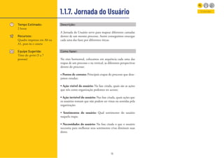 18
1.1.7. Jornada do Usuário
Tempo Estimado:
2 horas
Recursos:
Quadro impresso em A0 ou
A1, post-its e caneta
Equipe Sugerida:
Time do sprint (5 a 7
pessoas)
Entender
Descrição:
A Jornada do Usuário serve para mapear diferentes camadas
dentro de um mesmo processo. Assim conseguimos enxergar
cada uma das fases por diferentes óticas.
Como fazer:
No eixo horizontal, colocamos em sequência cada uma das
etapas de um processo e na vertical, as diferentes perspectivas
dentro do processo:
• Pontos de contato: Principais etapas do processo que dese-
jamos estudar;
• Ação visível do usuário: Na fase citada, quais são as ações
que nós como organização podemos ter acesso;
• Ação invisível do usuário: Nas fase citada, quais ações que
os usuários tomam que não podem ser vistas ou sentidas pela
organização;
• Sentimentos do usuário: Qual sentimento do usuário
naquela etapa;
• Necessidades do usuário: Na fase citada o que o usuário
necessita para melhorar seus sentimento e/ou diminuir suas
dores.
 