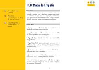 20
1.1.8. Mapa da Empatia
Tempo Estimado:
1,5 horas
Recursos:
Quadro impresso em A0 ou
A1, post-its e canetas
Equipe Sugerida:
Time do sprint (5 a 7
pessoas)
Entender
Descrição:
Entenda o usuário para o qual está criando uma solução
no ambiente em que vive, suas aspirações, sentimentos,
ações, preocupações, seus influenciadores, comportamentos,
desafios, frustrações, medos, necessidades e conquistas.
Como fazer:
• O que pensa e sente: Incluir os pensamentos e sentimentos
do usuário sobre o problema abordado;
• O que Ouve: O que os influenciadores do usuário estudado
fala sobre o problema que o usuário passa;
• O que Vê: O que vê sendo feito sobre o assunto abordado
e/ou problema;
• O que Fala e faz: O que o usuário expõe aos outros sobre o
problema e o que ele faz de forma paliativa para amenizar as
dificuldades dele;
• Quais são as dores: Quais as principais dificuldades e
incômodos dele sobre o problema;
• Quais são suas necessidades: O que o usuário vê como
necessidades básicas sobre os problemas abordados;
Monte na parede um quadro como o da foto na página
seguinte e coloque com post-its quais são todos os aspectos
que impactam seu usuário.
 