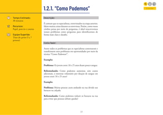 27
1.2.1. “Como Podemos”
Tempo Estimado:
30 minutos
Recursos:
Papel, post-its e canetas
Equipe Sugerida:
Time do sprint (5 a 7
pessoas)
Entender
Descrição:
É comum que os especialistas, entrevistados na etapa anterior,
falem muitas coisas durante as entrevistas. Porém, como nosso
cérebro pensa por meio de perguntas, é ideal reescrevermos
nossos problemas como perguntas para identificarmos de
forma mais clara o desafio.
Como fazer:
Anote todos os problemas que os especialistas comentaram e
transformem estes problemas em oportunidades por meio da
técnica “Como Podemos?”.
Exemplo:
Problema: Os jovens entre 18 e 25 anos doam pouco sangue.
Reformulando: Como podemos aumentar, sem custos
adicionais, o interesse voluntário por doação de sangue em
jovens entre 18 e 25 anos?
Exemplo:
Problema: Muitas pessoas caem andando na rua devido aos
buracos na calçada.
Reformulando: Como podemos reduzir os buracos na rua
para evitar que pessoas sofram quedas?
 