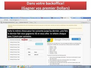 Dans votre backoffice!
(Gagner vos premier Dollars)
Faite la même chose pour les suivante jusqu’au dernier ,une fois
le dernier fait vous gagnerez 3$ et vous allez le refaire chaque
jour, 5 jours par semaine.
 