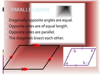 PARALLELOGRAM
 Diagonally opposite angles are equal.
 Opposite sides are of equal length.
 Opposite sides are parallel.
 The diagonals bisect each other.
 