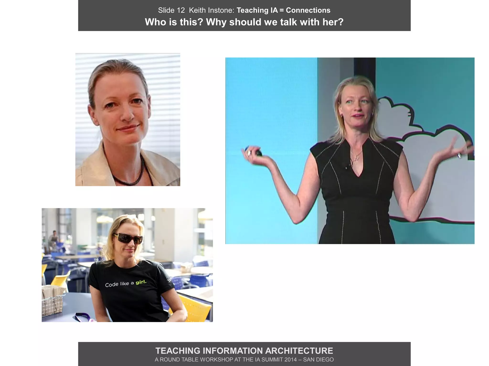 Slide 12 Keith Instone: Teaching IA = Connections
Who is this? Why should we talk with her?
TEACHING INFORMATION ARCHITECTURE
A ROUND TABLE WORKSHOP AT THE IA SUMMIT 2014 – SAN DIEGO
 