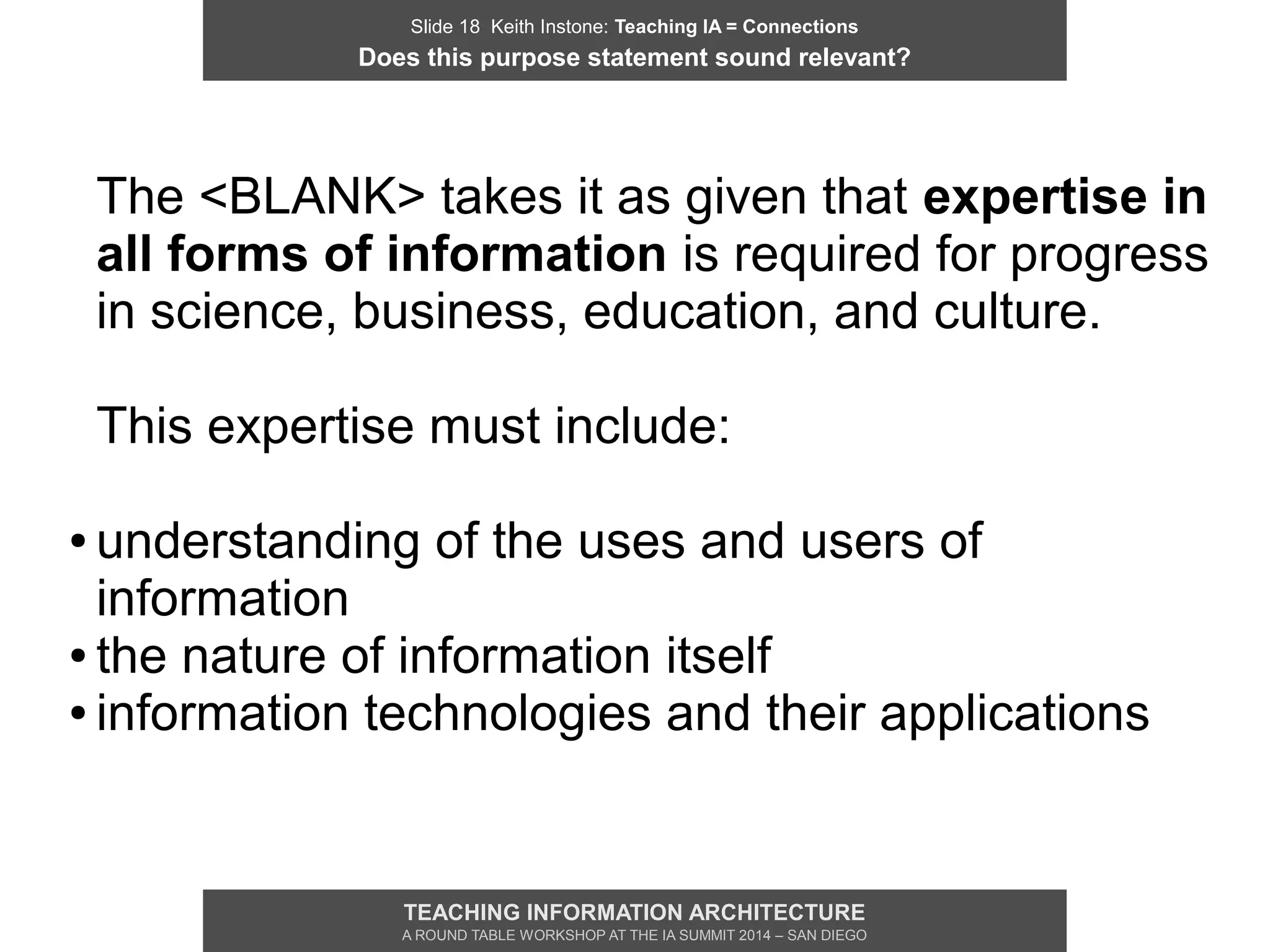 Slide 18 Keith Instone: Teaching IA = Connections
Does this purpose statement sound relevant?
TEACHING INFORMATION ARCHITECTURE
A ROUND TABLE WORKSHOP AT THE IA SUMMIT 2014 – SAN DIEGO
The <BLANK> takes it as given that expertise in
all forms of information is required for progress
in science, business, education, and culture.
This expertise must include:
● understanding of the uses and users of
information
● the nature of information itself
● information technologies and their applications
 
