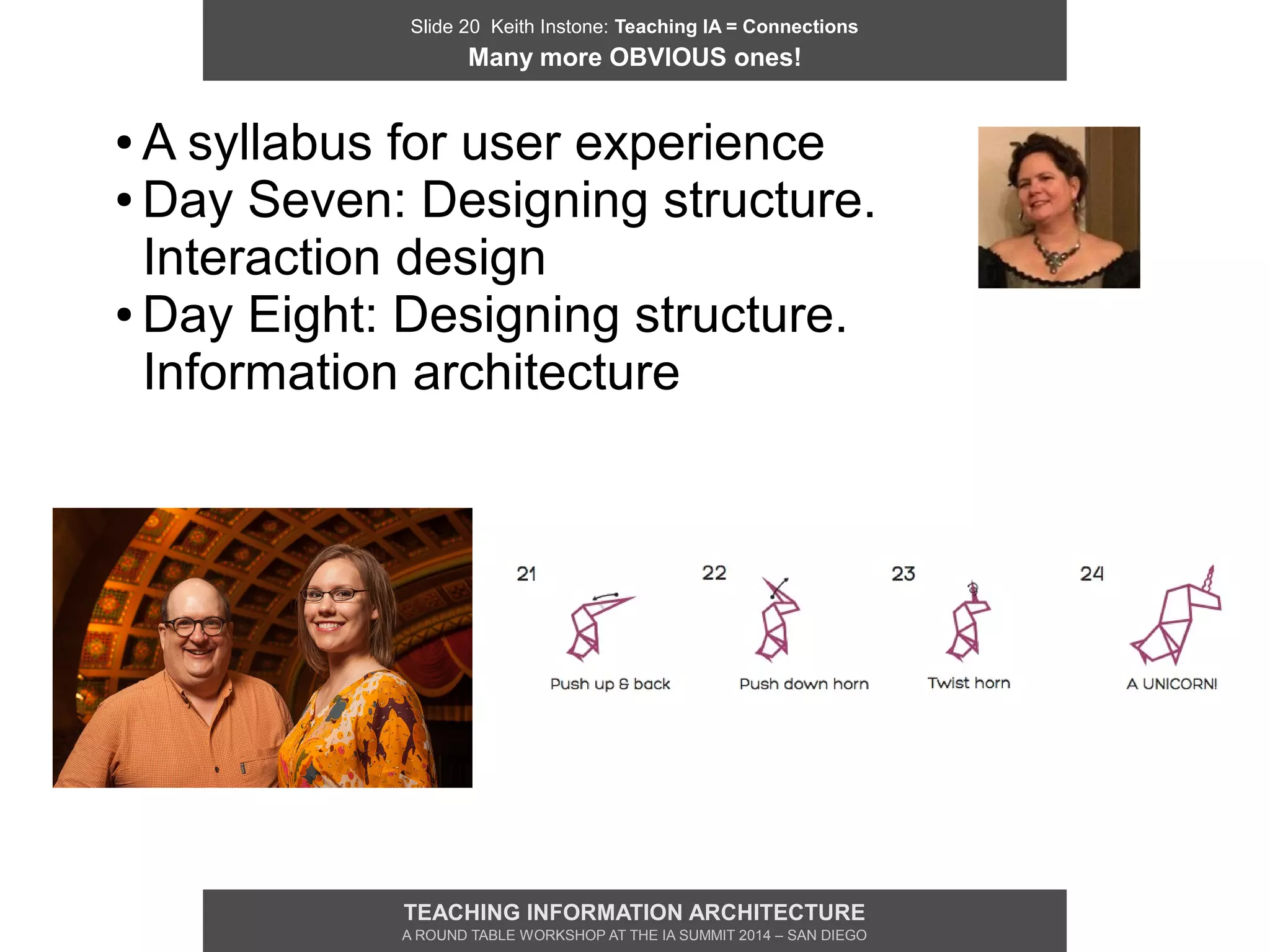 Slide 20 Keith Instone: Teaching IA = Connections
Many more OBVIOUS ones!
TEACHING INFORMATION ARCHITECTURE
A ROUND TABLE WORKSHOP AT THE IA SUMMIT 2014 – SAN DIEGO
● A syllabus for user experience
● Day Seven: Designing structure.
Interaction design
● Day Eight: Designing structure.
Information architecture
 