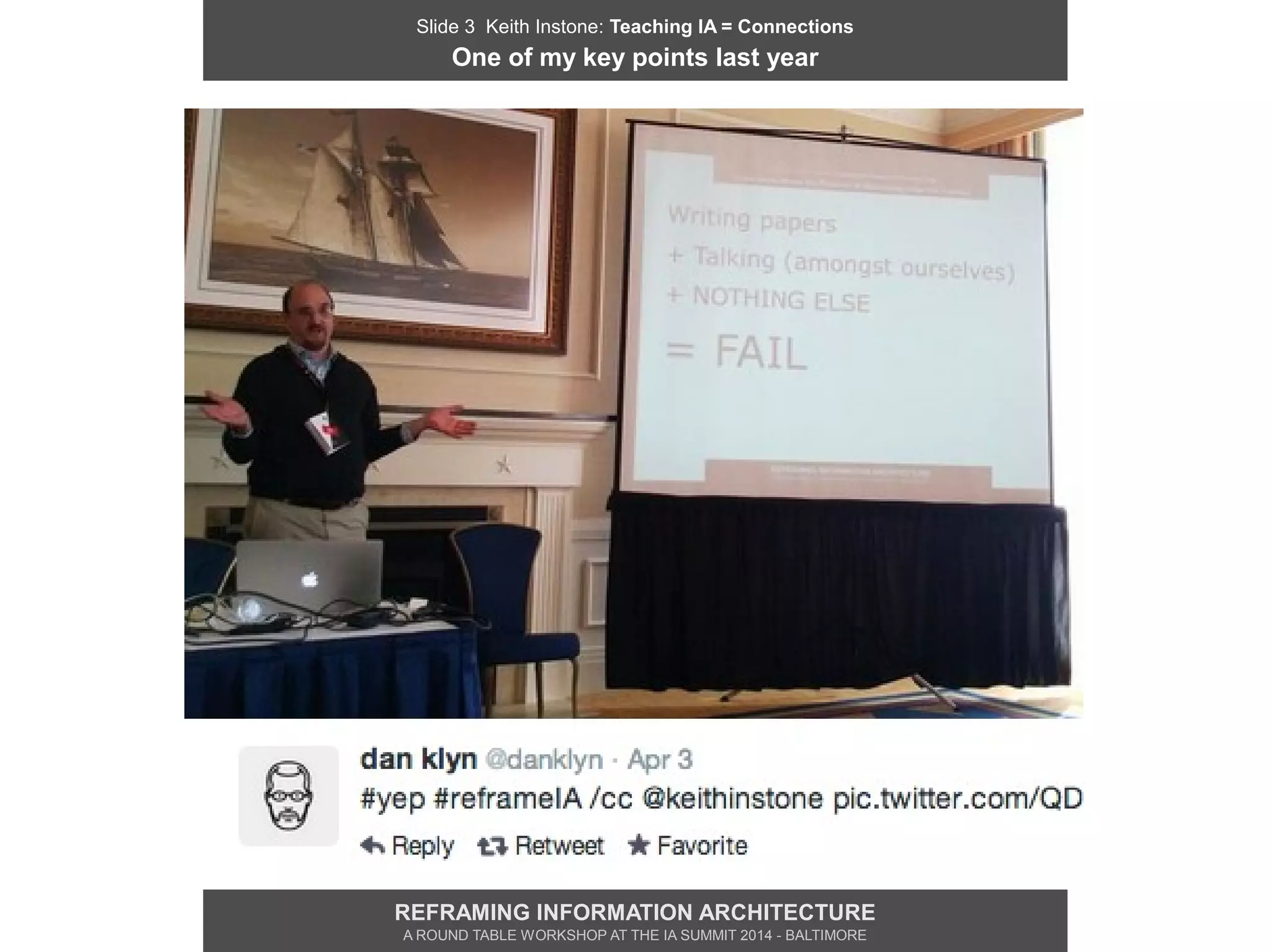 Slide 3 Keith Instone: Teaching IA = Connections
One of my key points last year
REFRAMING INFORMATION ARCHITECTURE
A ROUND TABLE WORKSHOP AT THE IA SUMMIT 2014 - BALTIMORE
 