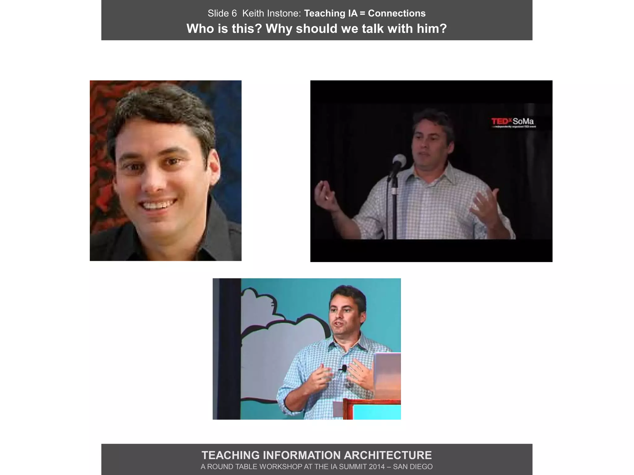 Slide 6 Keith Instone: Teaching IA = Connections
Who is this? Why should we talk with him?
TEACHING INFORMATION ARCHITECTURE
A ROUND TABLE WORKSHOP AT THE IA SUMMIT 2014 – SAN DIEGO
 