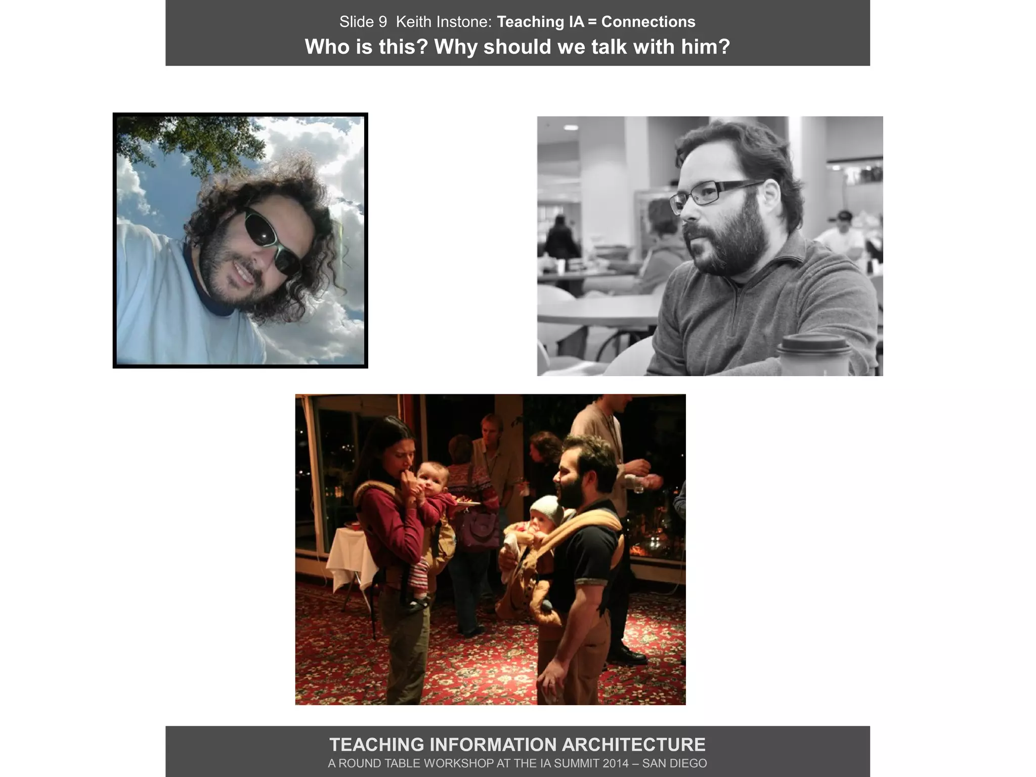Slide 9 Keith Instone: Teaching IA = Connections
Who is this? Why should we talk with him?
TEACHING INFORMATION ARCHITECTURE
A ROUND TABLE WORKSHOP AT THE IA SUMMIT 2014 – SAN DIEGO
 