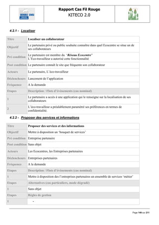 Rapport Cas Fil Rouge
                                                   KITECO 2.0
                                                                                                             

    4.2.1 - Localiser

Titre           Localiser un collaborateur
                Le partenaire privé ou public souhaite connaître dans quel Ecocentre se situe un de
Objectif
                ses collaborateurs
                Le partenaire est membre du „Réseau Ecocentre’
Pré condition
                L‟Eco-travailleur a autorisé cette fonctionnalité
Post condition Le partenaire connaît le site que fréquente son collaborateur

Acteurs         Le partenaire, L‟éco-travailleur

Déclencheurs Lancement de l‟application
Fréquence       A la demande
Etapes          Description / Flots d’événements (cas nominal)
                Le partenaire a accès à une application qui le renseigne sur la localisation de ses
1
                collaborateurs
                L‟éco-travailleur a préalablement paramétré ses préférences en termes de
2
                confidentialité.

    4.2.2 - Proposer des services et informations

Titre           Proposer des services et des informations
Objectif        Mettre à disposition un „bouquet de services‟
Pré condition Entreprise partenaire
Post condition Sans objet

Acteurs         Les Ecocentres, les Entreprises partenaires

Déclencheurs Entreprises partenaires
Fréquence       A la demande
Etapes          Description / Flots d’événements (cas nominal)
1               Mettre à disposition des l‟entreprises partenaires un ensemble de services „métier‟
Etapes          Alternatives (cas particuliers, mode dégradé)
1               Sans objet
Etapes          Règles de gestion
1                  -


                                                                                                      Page 149 sur 211
 