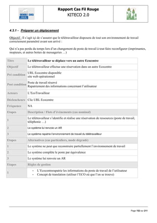 Rapport Cas Fil Rouge
                                                      KITECO 2.0
                                                                                                                

    4.3.1 - Préparer un déplacement

    Objectif : Il s‟agit içi de s‟assurer que le télétravailleur disposera de tout son environnement de travail
    correctement paramétré avant son arrivé :

    Qui n‟a pas perdu du temps lors d‟un changement de poste de travail à tout faire reconfigurer (imprimantes,
    mopieurs, et autres boites de messageries …)

Titre              Le télétravailleur se déplace vers un autre Ecocentre
Objectif           Le télétravailleur effectue une réservation dans un autre Ecocentre
                   URL Ecocentre disponible
Pré condition
                   site web opérationnel
                   Poste de travail réservé
Post condition
                   Rapatriement des informations concernant l‟utilisateur

Acteurs            L‟EcoTravailleur

Déclencheurs Clic URL Ecocentre
Fréquence          NA
Etapes             Description / Flots d’événements (cas nominal)
                   Le télétravailleur s‟identifie et réalise une réservation de ressources (poste de travail,
1
                   téléphonie …)
2                  Le système lui renvoie un AR

3                  Le système rapatrie l‘environnement de travail du télétravailleur

Etapes             Alternatives (cas particuliers, mode dégradé)
1                  Le système ne peut que reconstruire partiellement l‟environnement de travail
2                  Le système complète le poste par équivalence
3                  Le système lui renvoie un AR
Etapes             Règles de gestion
                        -   L‟Ecocentrerapatrie les informations du poste de travail de l‟utilisateur
1
                        -   Concept de translation (utiliser l‟ECO où que l‟on se trouve)




                                                                                                         Page 152 sur 211
 