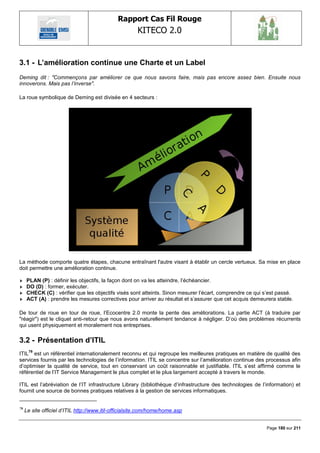 Rapport Cas Fil Rouge
                                                       KITECO 2.0
                                                                                                                  

3.1 - L‟amélioration continue une Charte et un Label
Deming dit : "Commençons par améliorer ce que nous savons faire, mais pas encore assez bien. Ensuite nous
innoverons. Mais pas l‟inverse".

La roue symbolique de Deming est divisée en 4 secteurs :




La méthode comporte quatre étapes, chacune entraînant l'autre visant à établir un cercle vertueux. Sa mise en place
doit permettre une amélioration continue.

     PLAN (P) : définir les objectifs, la façon dont on va les atteindre, l‘échéancier.
     DO (D) : former, exécuter.
     CHECK (C) : vérifier que les objectifs visés sont atteints. Sinon mesurer l‘écart, comprendre ce qui s‘est passé.
     ACT (A) : prendre les mesures correctives pour arriver au résultat et s‘assurer que cet acquis demeurera stable.

De tour de roue en tour de roue, l‘Ecocentre 2.0 monte la pente des améliorations. La partie ACT (à traduire par
"réagir") est le cliquet anti-retour que nous avons naturellement tendance à négliger. D‘où des problèmes récurrents
qui usent physiquement et moralement nos entreprises.

3.2 - Présentation d‟ITIL
      79
ITIL est un référentiel internationalement reconnu et qui regroupe les meilleures pratiques en matière de qualité des
services fournis par les technologies de l‘information. ITIL se concentre sur l‘amélioration continue des processus afin
d‘optimiser la qualité de service, tout en conservant un coût raisonnable et justifiable. ITIL s‘est affirmé comme le
référentiel de l‘IT Service Management le plus complet et le plus largement accepté à travers le monde.

ITIL est l‘abréviation de l‘IT infrastructure Library (bibliothèque d‘infrastructure des technologies de l‘information) et
fournit une source de bonnes pratiques relatives à la gestion de services informatiques.


79
     Le site officiel d‟ITIL http://www.itil-officialsite.com/home/home.asp


                                                                                                           Page 180 sur 211
 