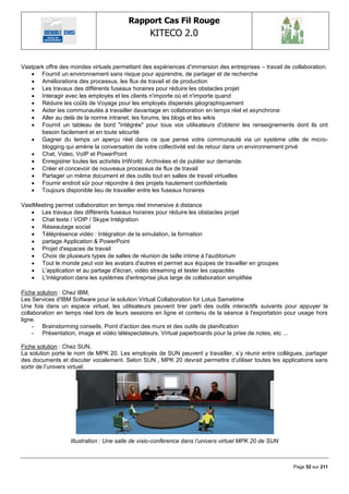 Rapport Cas Fil Rouge
                                                 KITECO 2.0
                                                                                                             

Vastpark offre des mondes virtuels permettant des expériences d‘immersion des entreprises – travail de collaboration.
    Fournit un environnement sans risque pour apprendre, de partager et de recherche
    Améliorations des processus, les flux de travail et de production
    Les travaux des différents fuseaux horaires pour réduire les obstacles projet
    Interagir avec les employés et les clients n'importe où et n'importe quand
    Réduire les coûts de Voyage pour les employés dispersés géographiquement
    Aider les communautés à travailler davantage en collaboration en temps réel et asynchrone
    Aller au delà de la norme intranet, les forums, les blogs et les wikis
    Fournit un tableau de bord "intégrée" pour tous vos utilisateurs d'obtenir les renseignements dont ils ont
       besoin facilement et en toute sécurité
    Gagner du temps un aperçu réel dans ce que pense votre communauté via un système utile de micro-
       blogging qui amène la conversation de votre collectivité est de retour dans un environnement privé
    Chat, Video, VoIP et PowerPoint
    Enregistrer toutes les activités InWorld. Archivées et de publier sur demande.
    Créer et concevoir de nouveaux processus de flux de travail
    Partager un même document et des outils tout en salles de travail virtuelles
    Fournir endroit sûr pour répondre à des projets hautement confidentiels
    Toujours disponible lieu de travailler entre les fuseaux horaires

VastMeeting permet collaboration en temps réel immersive à distance
    Les travaux des différents fuseaux horaires pour réduire les obstacles projet
    Chat texte / VOIP / Skype Intégration
    Réseautage social
    Téléprésence vidéo : Intégration de la simulation, la formation
    partage Application & PowerPoint
    Projet d'espaces de travail
    Choix de plusieurs types de salles de réunion de taille intime à l'auditorium
    Tout le monde peut voir les avatars d'autres et permet aux équipes de travailler en groupes
    L'application et au partage d'écran, vidéo streaming et tester les capacités
    L'intégration dans les systèmes d'entreprise plus large de collaboration simplifiée

Fiche solution : Chez IBM,
Les Services d'IBM Software pour la solution Virtual Collaboration for Lotus Sametime
Une fois dans un espace virtuel, les utilisateurs peuvent tirer parti des outils interactifs suivants pour appuyer la
collaboration en temps réel lors de leurs sessions en ligne et contenu de la séance à l'exportation pour usage hors
ligne.
     - Brainstorming conseils, Point d'action des murs et des outils de planification
     - Présentation, image et vidéo téléspectateurs, Virtual paperboards pour la prise de notes, etc ...

Fiche solution : Chez SUN,
La solution porte le nom de MPK 20. Les employés de SUN peuvent y travailler, s‘y réunir entre collègues, partager
des documents et discuter vocalement. Selon SUN , MPK 20 devrait permettre d‘utiliser toutes les applications sans
sortir de l‘univers virtuel.




                  Illustration : Une salle de visio-conférence dans l‟univers virtuel MPK 20 de SUN



                                                                                                       Page 52 sur 211
 