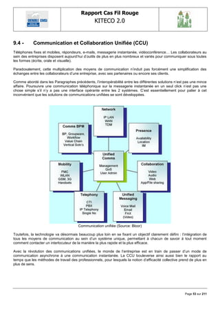 Rapport Cas Fil Rouge
                                                  KITECO 2.0
                                                                                                               

9.4 -       Communication et Collaboration Unifiée (CCU)
Téléphones fixes et mobiles, répondeurs, e-mails, messagerie instantanée, vidéoconférence… Les collaborateurs au
sein des entreprises disposent aujourd‘hui d‘outils de plus en plus nombreux et variés pour communiquer sous toutes
les formes (écrite, orale et visuelle).

Paradoxalement, cette multiplication des moyens de communication n‘induit pas forcément une simplification des
échanges entre les collaborateurs d‘une entreprise, avec ses partenaires ou encore ses clients.

Comme abordé dans les Paragraphes précédents, l‘interopérabilité entre les différentes solutions n‘est pas une mince
affaire. Poursuivre une communication téléphonique sur la messagerie instantanée en un seul click n‘est pas une
chose simple s‘il n‘y a pas une interface opérante entre les 2 systèmes. C‘est essentiellement pour palier à cet
inconvénient que les solutions de communications unifiées se sont développées.




                                       Communication unifiée (Source: Bloor)

Toutefois, la technologie va désormais beaucoup plus loin en se fixant un objectif clairement défini : l‘intégration de
tous les moyens de communication au sein d‘un système unique, permettant à chacun de savoir à tout moment
comment contacter un interlocuteur de la manière la plus rapide et la plus efficace.

Avec la révolution des communications unifiées, le monde de l‘entreprise est en train de passer d‘un mode de
communication asynchrone à une communication instantanée. La CCU bouleverse ainsi aussi bien le rapport au
temps que les méthodes de travail des professionnels, pour lesquels la notion d‘efficacité collective prend de plus en
plus de sens.




                                                                                                         Page 53 sur 211
 