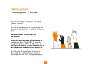 24
24
24 24
Brise-glace
Durée moyenne : 5 minutes
En présentiel chaque participant est invité à
prendre la parole.
En visio si vous êtes plus de 10, demandez aux
volontaires qui souhaitent y participer, de lever le
bras.
Votre message « brise-glace » aux
participants
Brisons la glace entre participants avant de
nous lancer dans l’atelier. En 10 secondes
maximum, chacun à tour de rôle prend la
parole pour indiquer la durée de sa douche et
s’il/si elle utilise du savon ou du gel douche.
Une fois le tour de table effectué, demandez à
l’ensemble des participants de mettre leur
téléphone en mode avion le temps de l’Atelier.
 