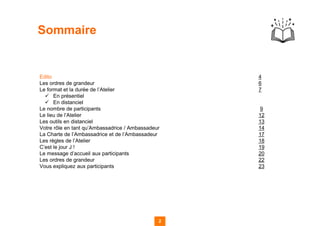 2
Sommaire
Edito 4
Les ordres de grandeur 6
Le format et la durée de l’Atelier 7
✓ En présentiel
✓ En distanciel
Le nombre de participants 9
Le lieu de l’Atelier 12
Les outils en distanciel 13
Votre rôle en tant qu’Ambassadrice / Ambassadeur 14
La Charte de l’Ambassadrice et de l’Ambassadeur 17
Les règles de l’Atelier 18
C’est le jour J ! 19
Le message d’accueil aux participants 20
Les ordres de grandeur 22
Vous expliquez aux participants 23
 