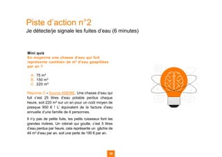 Piste d’action n°2
Je détecte/je signale les fuites d’eau (6 minutes)
Mini quiz
En moyenne une chasse d’eau qui fuit
représente combien de m³ d’eau gaspillées
par an ?
A. 75 m³
B. 150 m³
C. 220 m³
Réponse C - Source ADEME. Une chasse d’eau qui
fuit c’est 25 litres d’eau potable perdus chaque
heure, soit 220 m³ sur un an pour un coût moyen de
presque 950 € ! L’ équivalent de la facture d’eau
annuelle d’une famille de 4 personnes.
Il n’y pas de petite fuite, les petits ruisseaux font les
grandes rivières. Un robinet qui goutte, c’est 5 litres
d’eau perdus par heure, cela représente un gâchis de
44 m³ d’eau par an, soit une perte de 190 € par an.
30
30
30 30
 