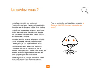 50
Le saviez-vous ?
Le paillage ne réduit pas seulement
l’évaporation de l’eau, il a de multiples intérêts.
Il protège les végétaux du froid et de la chaleur.
Le jardin ou les espaces verts sont aussi plus
faciles à entretenir car il empêche la pousse
des mauvaises herbes et évite d’avoir recours
au désherbage chimique.
Il protège aussi la terre de la battance, c’est la
croute provoquée par une fort pluie ou par
l’arrosage au jet, qui imperméabilise le sol.
En maintenant le sol poreux, en favorisant
l’infiltration de l’eau et l’aération du sol, le
paillage participe aussi à bonne santé du sol, en
abritant les micro-organismes et les vers de
terre qui participent à la biodiversité.
En se dégradant le paillage alimente le sol en
humus nourricier. C’est vraiment vertueux !
Pour en savoir plus sur le paillage, consultez le
Guide de l’ADEME Comment bien pailler au
jardin ?
 